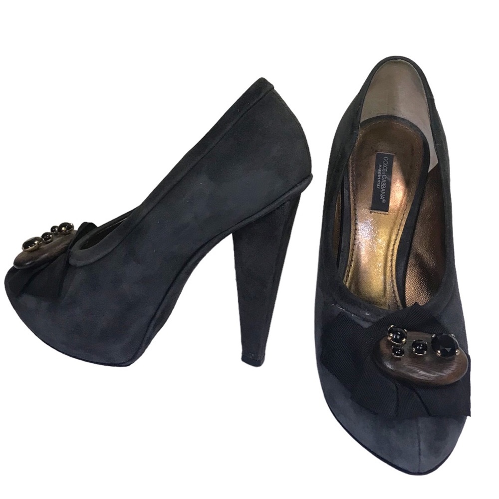 Dolce & Gabbana Suede Shoes Pumps Bow Wood Bead Detail Neutral Heels Leather Bow